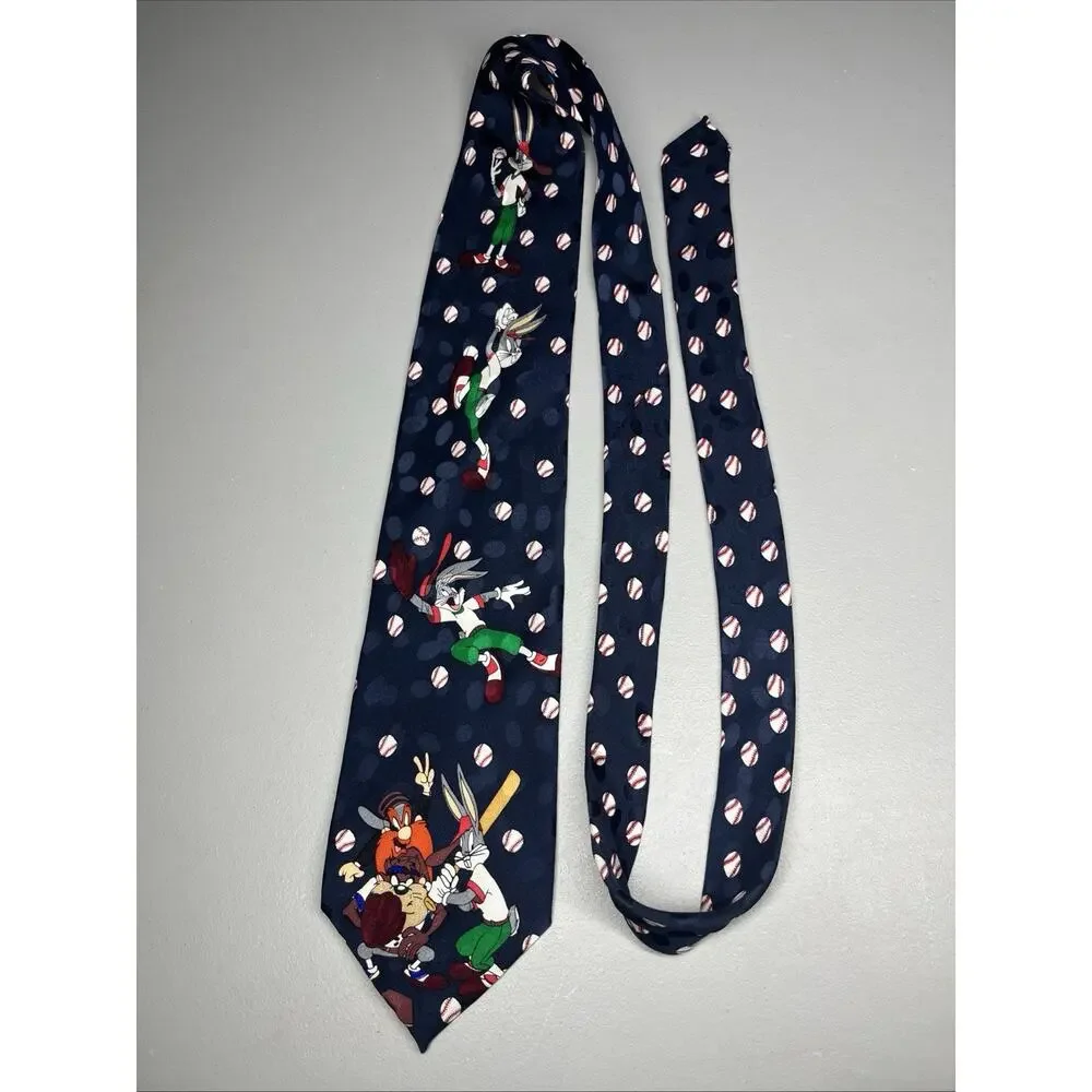 Vintage Looney Tunes Baseball Silk Tie Bugs Yosemite Tasmanian Taz Mens Necktie